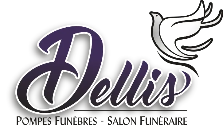 Logo des Pompes Funèbres Dellis et salon funéraire avec motif de colombe.
